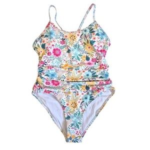 Aimage Floral One Piece Swimsuit Ruched Tummy Control Cutout Back Medium